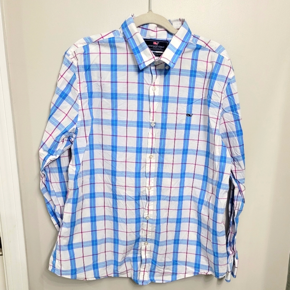 VINEYARD VINES White, Blue and Purple Plaid Slim Fit Whale Shirt Size XL